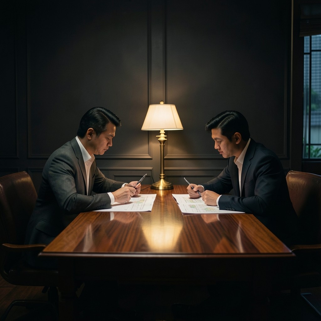 Analysts at a Bangkok office table reviewing printed performance briefs