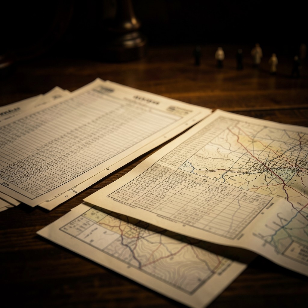 Close view of printed busy-hour counter sheets beside a city district map