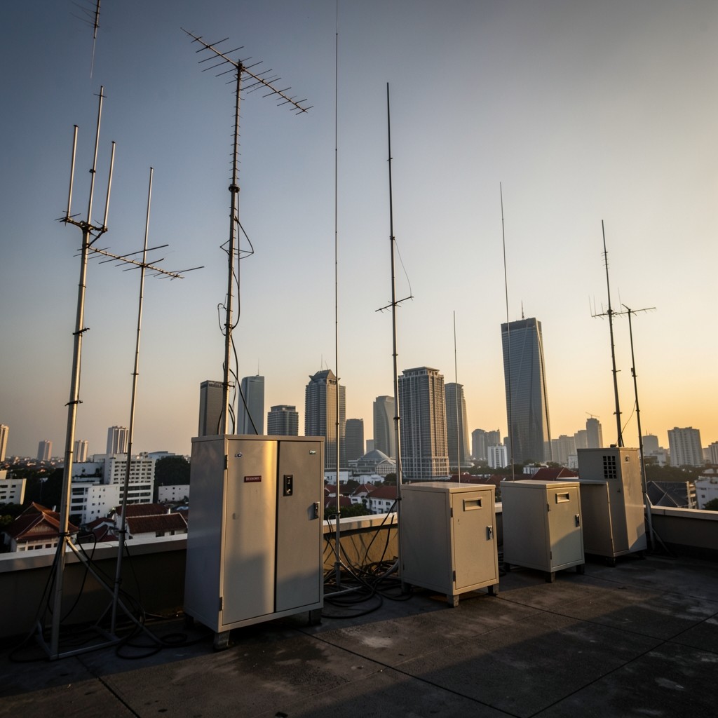 Rooftop radio equipment against a late-afternoon Bangkok skyline