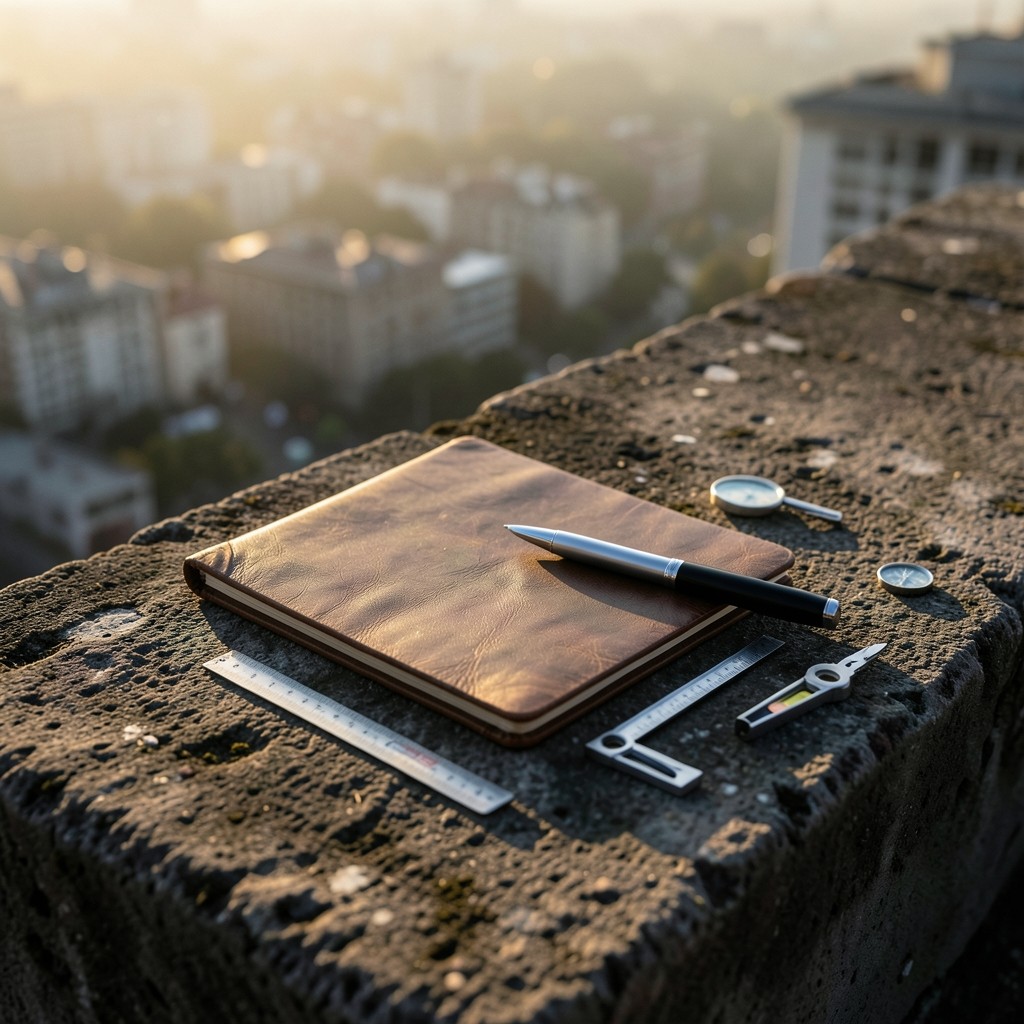 Field notebook and measurement tools resting on a rooftop parapet