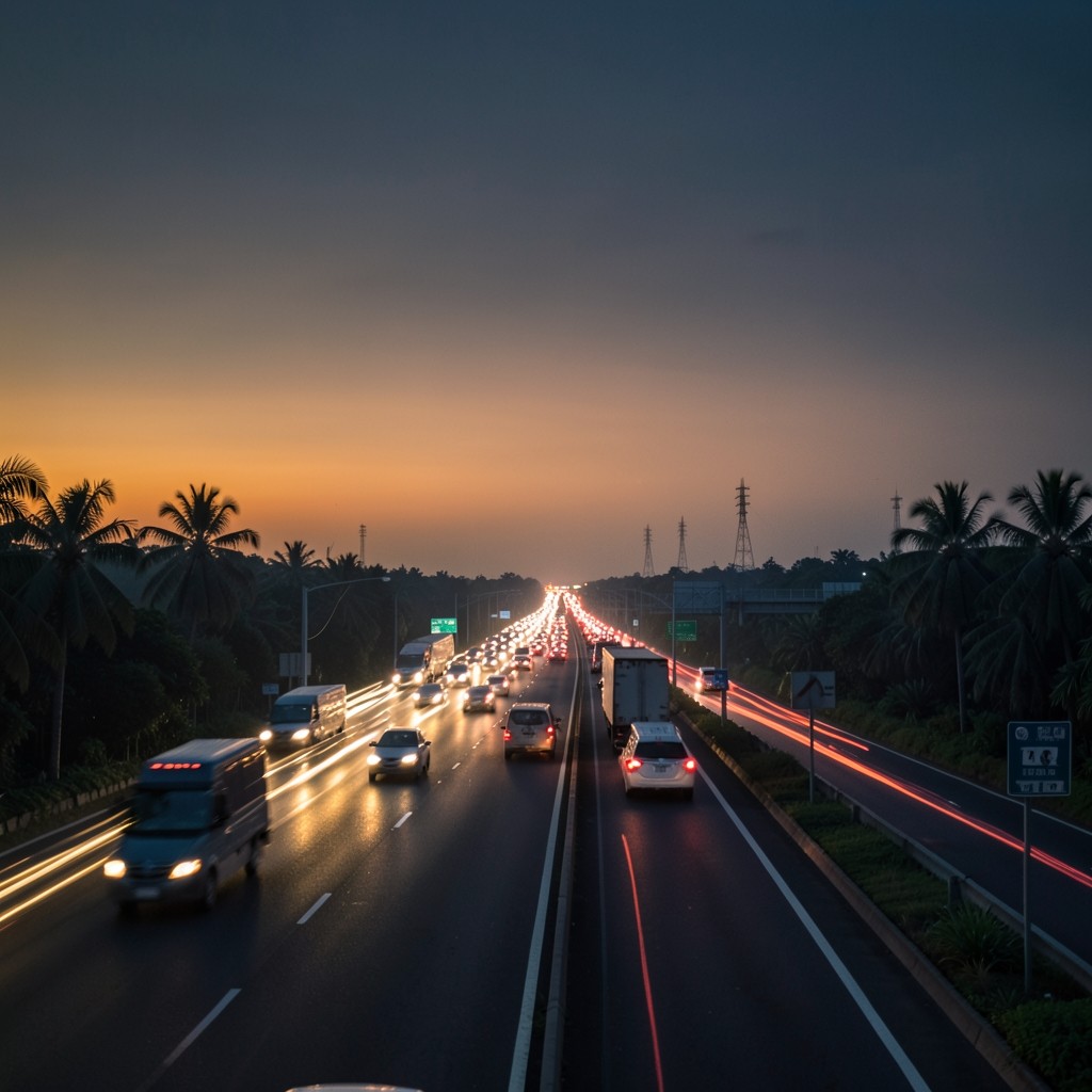 Highway corridor at dusk suggesting heavy holiday travel demand