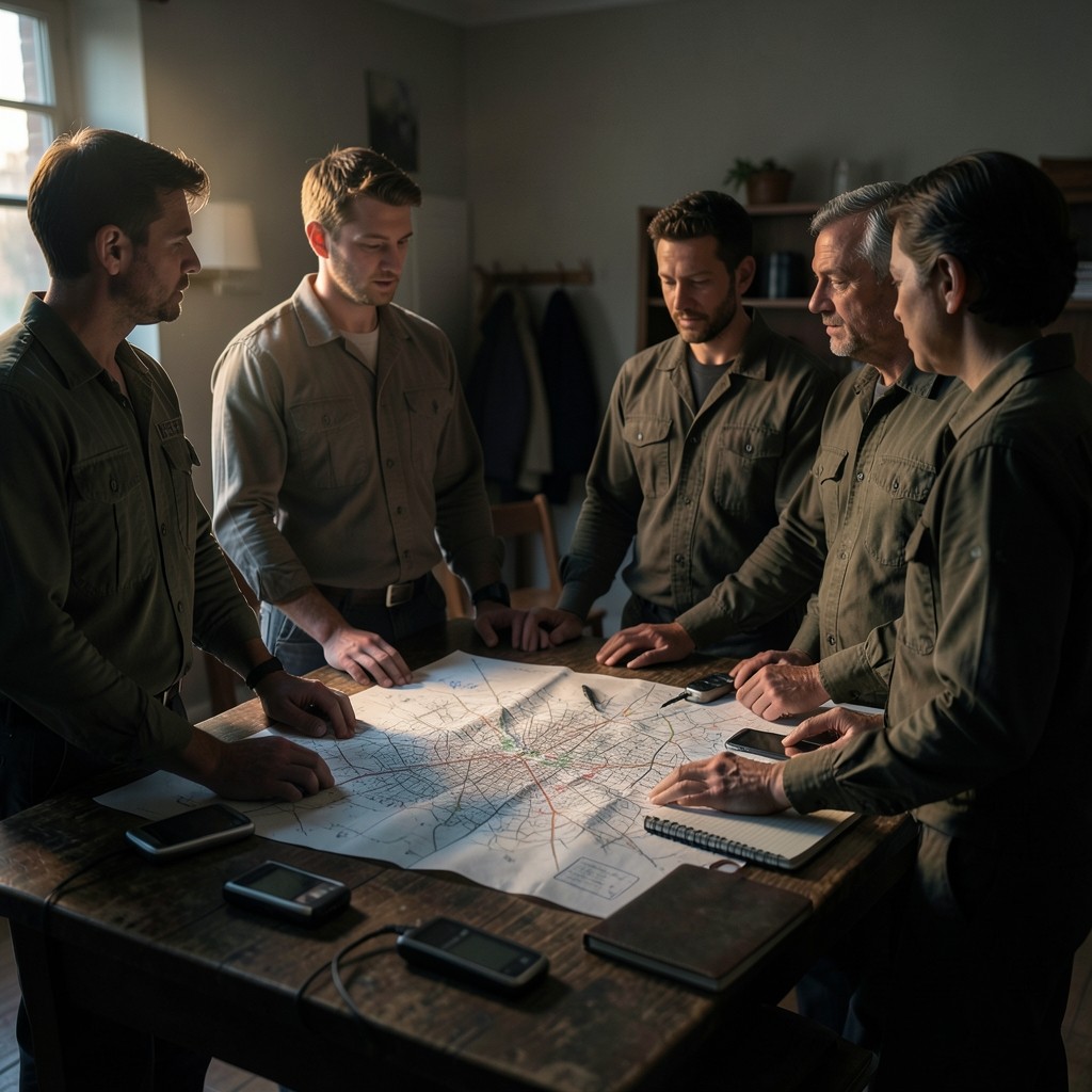 Service team reviewing sector maps and measurement notes before a field day