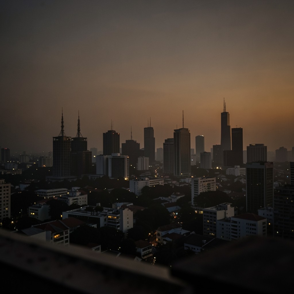 Bangkok evening skyline with telecom towers silhouetted against a deep amber sky