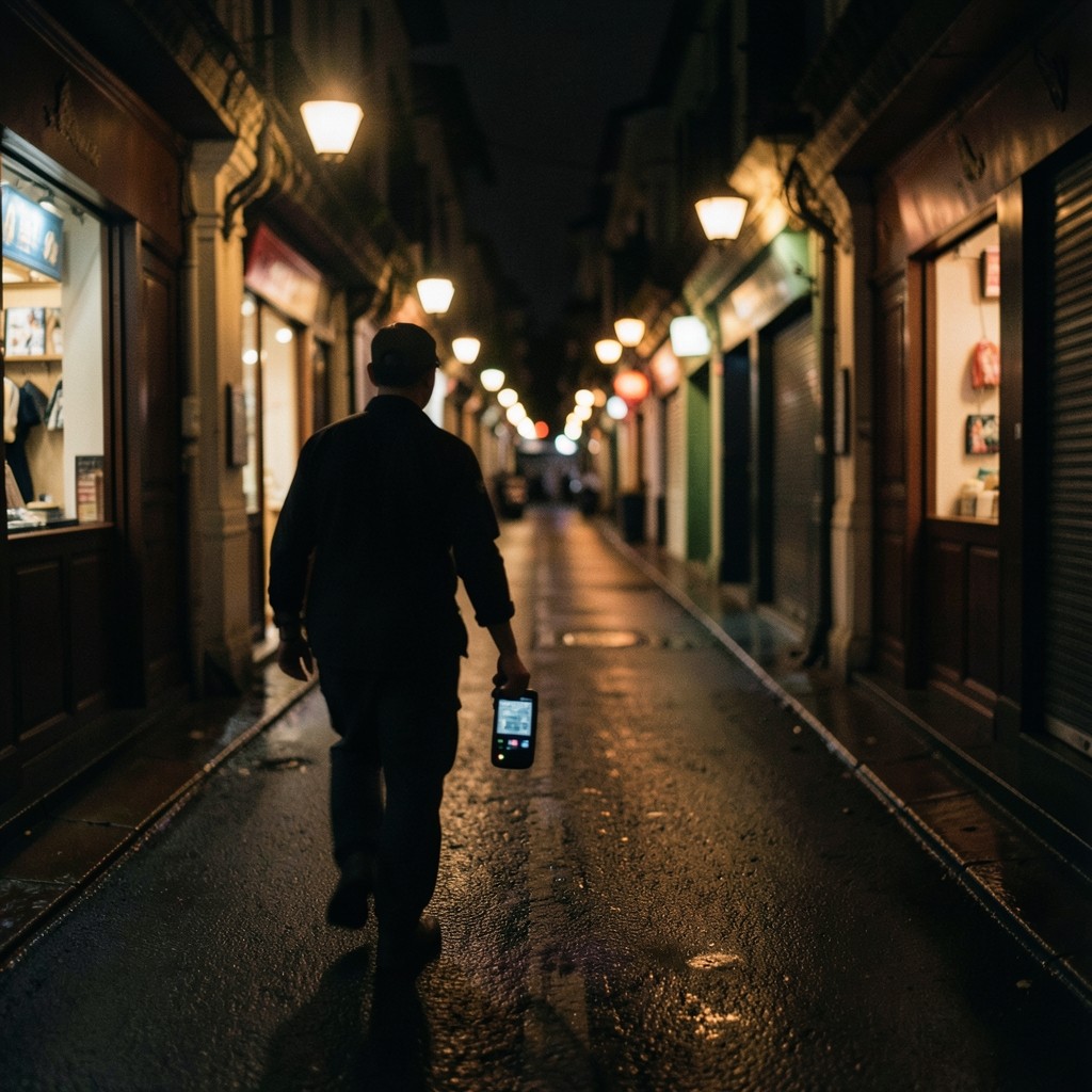 Technician walking a Bangkok street corridor with measurement handset