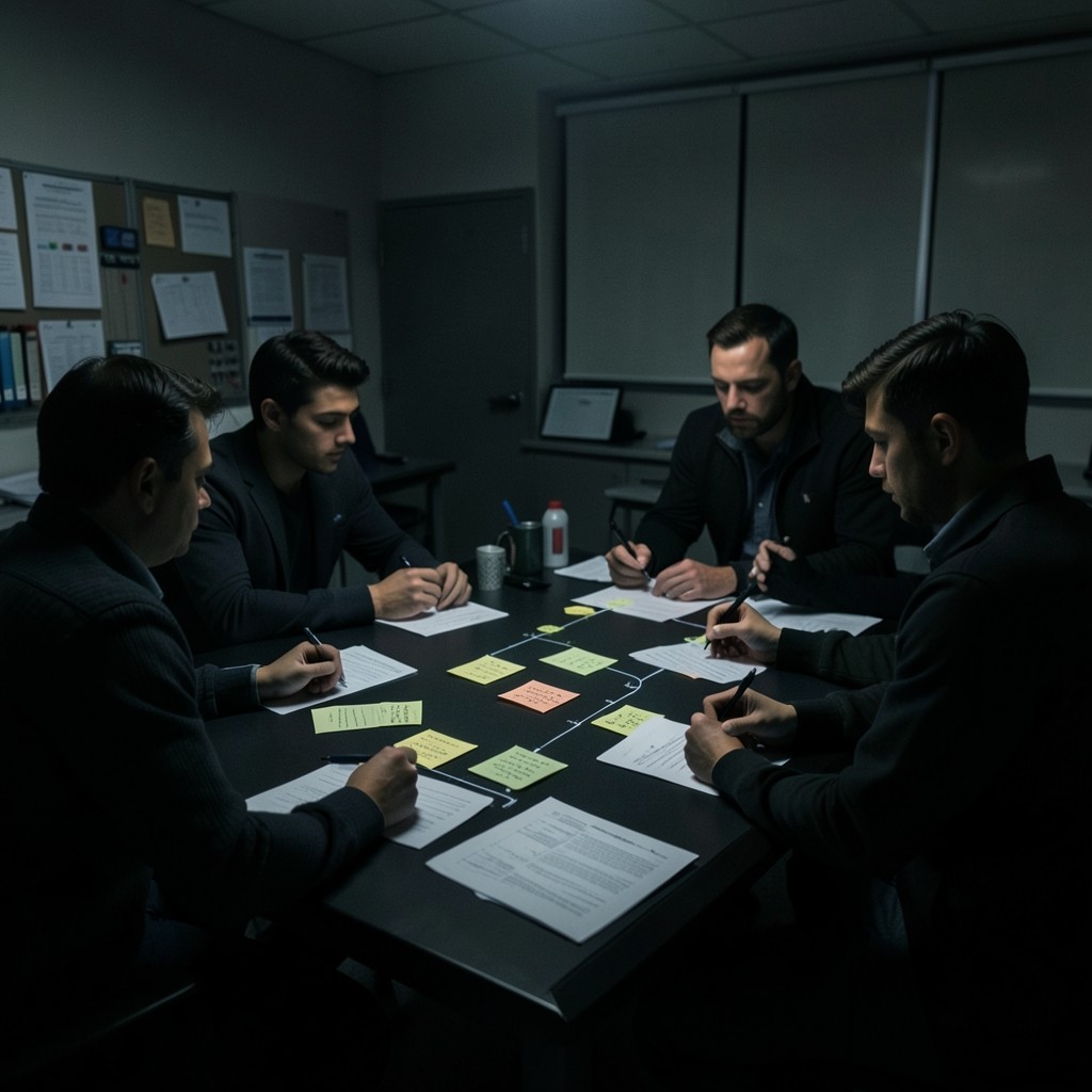 Team reviewing timeline notes and performance traces after a network incident