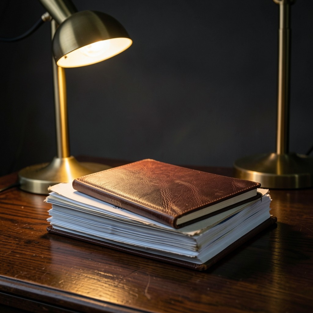 Analyst desk with monthly network reports and a notebook under soft lamp light