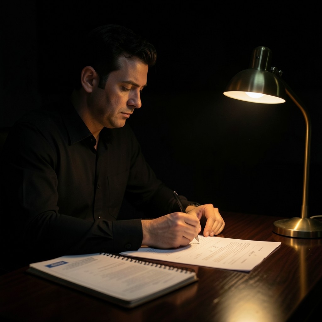 Telecom engineer reviewing network performance charts under warm desk lighting